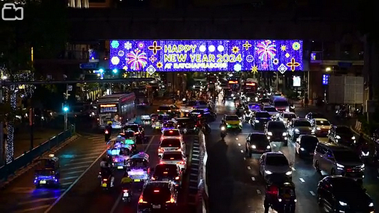 Ratchaprasong Intersection in downtown Bangkok are decorated colorful lights for Christmas and New Year celebrations on December 25, 2023 Thailand.