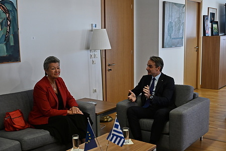 EU Commissioner for Internal Affairs Ylva Johansson (left) with Kyriakos Mitsotakis Prime Minister of Greece (right).