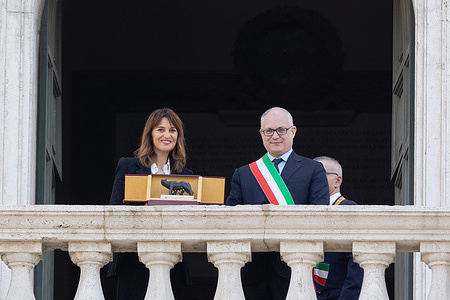 Paola Cortellesi and Roberto Gualtieri show the Lupa Capitolina in the Campidoglio in Rome