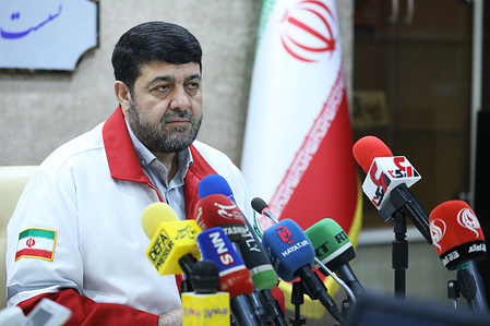 The President of the Iranian Red Crescent Society (IRCS), Pirhossein Kolivand speaks during a press conference in Tehran.