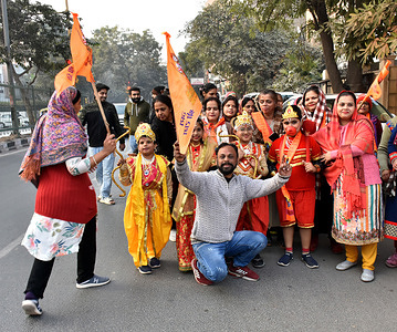Children dressed up as Ram Sita and Hanuman on the streets of New Delhi on the eve of Pran Pratistha of Ram in Ayodhya.