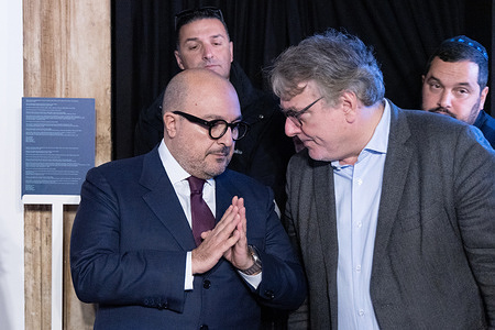 The Minister of Culture Gennaro Sangiuliano and Councilor for Culture of Rome Capital Miguel Gotor during presentation of the exhibition “The words of hatred. The Roman Jews sold to the Nazis” at the Shoah Museum Foundation in Rome