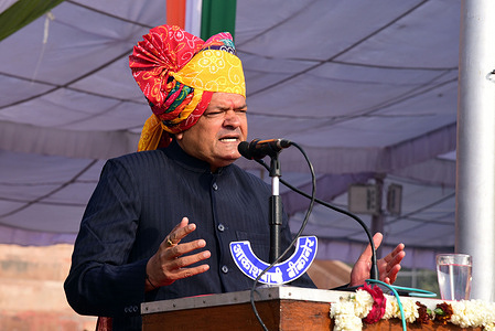 Bikaner Cabinet Minister of Food and Civil Supplies, Consumer Affairs Department in Government of Rajasthan Sumit Godara speaks during the 75th Republic Day celebration at Karni Singh Stadium.