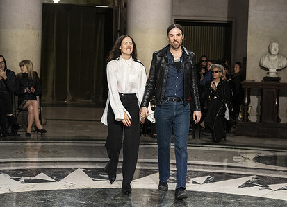 Designers Anthony Cucculelli and Anna Rose Shaheen walk runway for Cucculelli Shaheen FW24 runway show at Supreme Court in New York