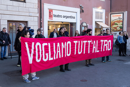 Sit-in organized by actors, actresses and entertainment workers in front of Teatro Argentina in Rome to protest against the management of "Teatro di Roma" Foundation