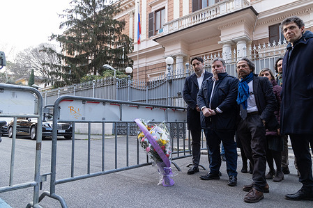 Former Italia Viva Prime Minister Luciano Nobili lays flowers in front of the Russian Embassy in memory of Alexsej Navalny, the Russian activist who died today in prison in Russia, to ask for clarity on his death, in support of human rights and freedom of expression