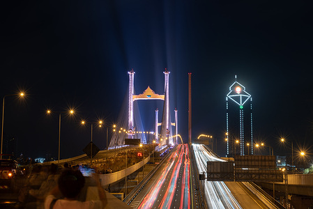 Night lights of "The parallel bridge to Rama 9 Bridge" Thailand's first parallel bridge across the Chao Phraya River, in Bangkok.