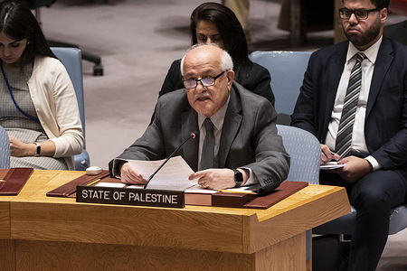 Ambassador, Permanent Observer of State of Palestine to the United Nations Riyad Mansour speaks during the Security Council meeting on the situation in Gaza after voting on resolution put forward by Algeria at UN Headquarters. Resolution was vetoed by the United States, which voted for Ney, as 13 members of the Security Council voted for and one (United Kingdom) abstained.