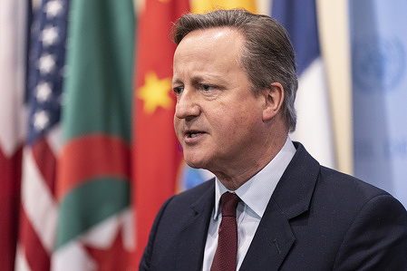 Lord David Cameron, Secretary of State for Foreign, Commonwealth and Development Affairs of United Kingdom speaks at SC stakeout before meeting on Maintenance of peace and security of Ukraine at UN Headquarters.