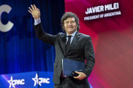 President of Argentina Javier Milei arrives on stage to speak during CPAC Conference 2024 at Gaylord National Resort & Convention Center in Washington DC