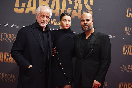 Naples,Italy- February 2024: The Space Cinema of Naples, photocall of Caracas, with the direction of Marco D'Amore (R) side, with Toni Servillo (L) side and (C) Lina Carmélia Lumbroso.