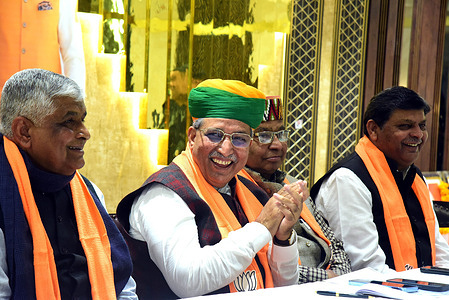 Union Minister of State (Ind. Charge) for Law and Justice Arjun Ram Meghwal speaks during the inauguration of party office ahead of the upcoming Lok Sabha elections, in Bikaner on Friday