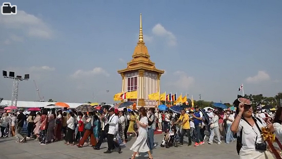 Buddhists join in praying for blessings, Holy relics of Lord Buddha and his disciples Arahanta Sariputta and Arahanta Maha Moggallana are enshrined for Exposition at Sanam Luang ceremonial ground in Bangkok on March 3, 2024.