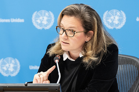 Chloe Marnay-Baszanger speaks during press conference with Pramila Patten, Special Representative of the Secretary-General on Sexual Violence in Conflict at UN Headquarters in New York