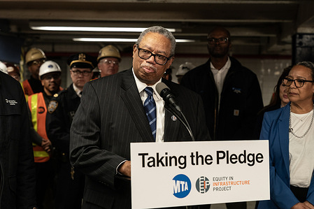 Dorval Carter Jr., Chicago Transit Authority President and Equity in Infrastructure Project Co-Chair speaks during MTA announcement at 14th street subway station in New York. Dorval Carter Jr., Chicago Transit Authority President and Equity in Infrastructure Project Co-Chair, John Porcari, Equity in Infrastructure Project Co-Founder and Former U.S. Deputy Secretary of Transportation, Phillip Washington, Denver International Airport CEO and Equity in Infrastructure Project Chair, Janno Lieber, MTA Chair and CEO signed a pledge to promote minorities and women owned business to receive contracts to work on infrastructure projects for public transportation.