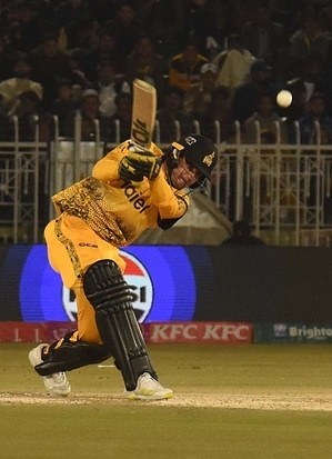 Peshawar zalmi Haseebullah khan play a shot during the Pakistan Super League (PSL) Twenty20 cricket match at the Rawalpindi Cricket Stadium