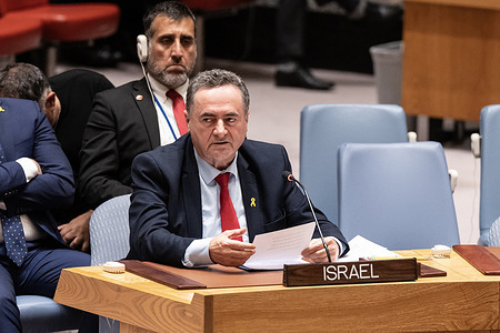 Israel Foreign Minister Israel Katz speaks during the Security Council meeting on report of sexual violence during Israel - Hamas conflict at UN Headquarters.