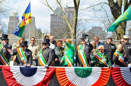 Grand Marshall of the annual St. Patrick’s Day Parade waves at particiapnts along Fifth Avenue in New York City.