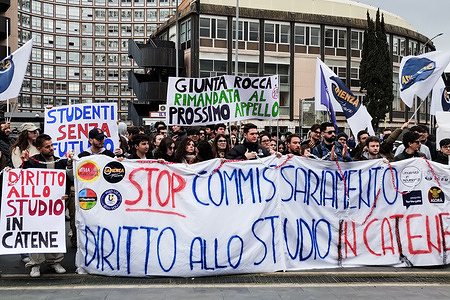 ROME, ITALY - MARCH 18 . Student representatives from the Lazio region organised a sit-in under the Lazio Region to contest the commissioning of the LazioDisco authority for the right to study. Primavera Studentesca (University of Cassino), Universitˆ dello Studente (University of Tuscia), Progetto Tor Vergata, Progetto Roma Tre, WS Foro Italico, Student Council University - Campus Bio-Medico, ALPHA Luiss, ASP Roma Luiss have joined the demonstration, which was launched by Sapienza Futura (Sapienza's first list).March 18, 2024 in Rome, Italy.
