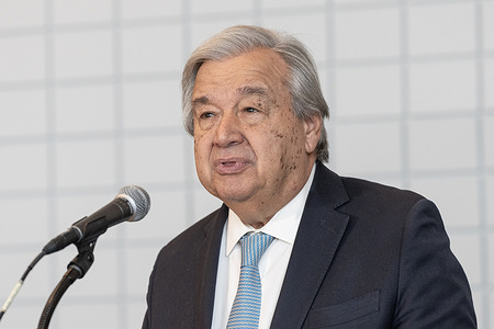 Secretary-General Antonio Guterres speaks during Portuguese gift to the UN handover at UN Headquarters in New York. Unveiling of the gift coincided with the 50th anniversary of Portuguese Carnation revolution which took down the authoritarian regime of Salazar and put Portugul on the road to democracy.
