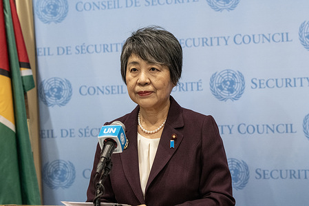 Yoko Kamikawa, Foreign Minister of Japan speaks to the press at the Security Council stakeout at UN Headquarters in New York