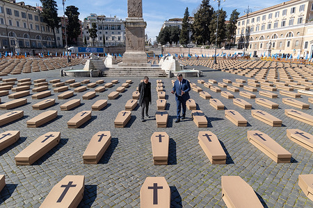 General Secretary of UIL (Italian Labour Union) , PierPaolo Bombardieri and Italian writer Stefano Massini in Piazza del Popolo during the flashmob organized by UIL to remember the people who died in the workplace.