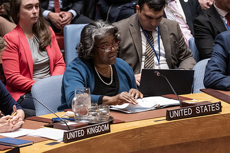 Ambassador Linda Thomas-Greenfield of US speaks before the vote on the resolution put forward by US at the Security Council meeting at UN Headquarters. Resolution was vetoed by China and Russia. In total 11 countries voted for, 3 against (Algeria, China and Russia) and 1 abstained (Guyana).