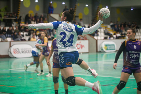 Gijón, Spain, March 23, 2024: The KH-7 BM. Granollers player, Ariana Clara Montserrat Portillo (24) shoots on goal during the 22nd matchday of the Guerreras Iberdrola League 2023-24 between Motive.co Gijón Balonmano La Calzada and KH-7 BM. Granollers, on March 23, 2024, at the La Arena Pavilion, in Gijón, Spain.