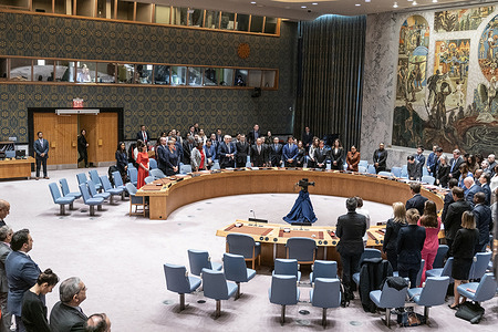 Members of SC observe moment of silence for victims of terrorist attack in Moscow region of Russia before Security Council meeting and voting on resolution on Israel and Gaza conflict at UN Headquarters in New York. Resolution was put forward by elected members of Security Council. Resolution was adopted with one vote abstained (the USA).