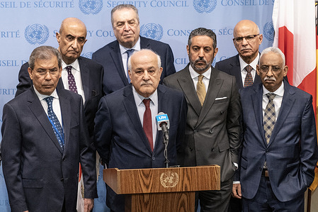 Ambassador Riyad Mansour of Palestine speaks to press at stakeout after the Security Council meeting and voting on resolution on Israel and Gaza conflict at UN Headquarters. Resolution was put forward by elected members of Security Council. Resolution was adopted with one vote abstained (the USA).