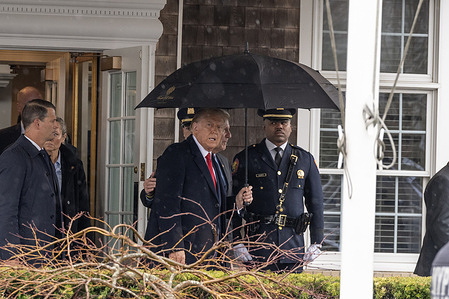 Former President Donald Trump leaves the funeral home after attending the wake for the slain NYPD (New York City Police Department) officer Jonathan Diller at Massapequa Funeral Home.