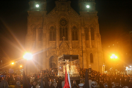 Aviles, Spain, March 29, 2024: Hundreds of people waited at the Church of Saint Thomas of Canterbury for the procession during Good Friday in Aviles, on March 29, 2024, in Aviles, Spain.
