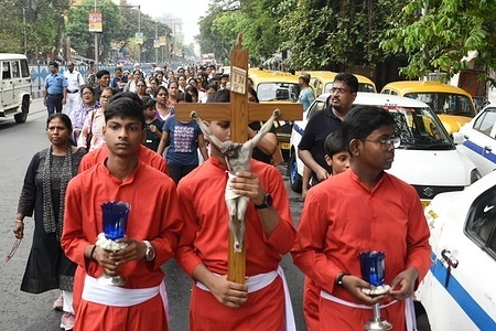 Good Friday observed in Kolkata, India . People of the Christian community celebrates Good Friday. Good Friday is a Christian holiday commemorating the crucifixion of Jesus Christ and his death at Calvary. It is observed during Holy Week as part of the Paschal Triduum on the Friday preceding Easter Sunday, and may coincide with the Jewish observance of Passover.