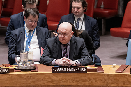 Ambassador Vassily Nebenzia of Russia attends Security Council meeting called by Russia's request after the Iranian consulate in Syria was hit by missile. Iran alleged that Israel was behind that attack.