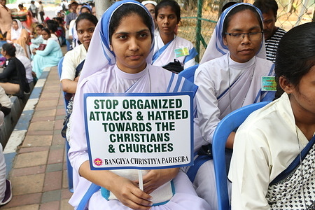 Bangiya Christiya Pariseba participate in a protest against the alleged attack on churches, Priests, Institutions and Christian community at the Near of Mahatma Gandhi Statue in Kolkata, India on April 3,2024.