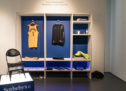 Victor Wembanyama memorabilia on display during press preview for the Sotheby's auctions of sport memorabilia in New York. Auctions will take place online and live in person on April 11, 2024. Some highlights include Muhammad Ali worn trunk from The 'Thrilla in Manila', Kobe Bryant worn jersey from 2009 NBA Finals, Michael Jordan Air Jordan 11s from 1996 NBA Finals, as well as memorabilia from NBA All-Star 2024 and collection of sneakers worn by NBA greatest players.