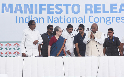 Congress Party released its manifesto for the 2024 parliamentary election, with jobs creation, development of infrastructure, and a national caste census among the major highlights. The manifesto was released in New Delhi, April 05, 2024 by party President Mallikarjun Kharge, who was flanked by senior leaders Sonia Gandhi and Rahul Gandhi. Former Union Finance Minister P Chidambaram - who led the committee that drafted the document - was also present.
