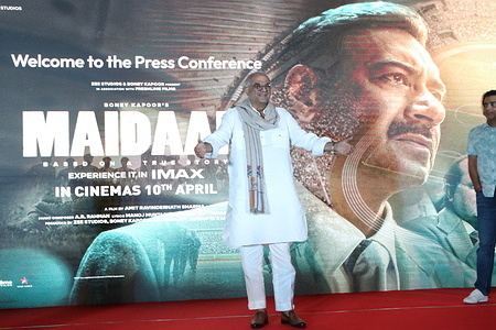 Producers Boney Kapoor and Arunava Joy Sengupta, Director Amit Sharma, and actor Rudranil Ghosh at the meet the press during the upcoming new Bollywood movie "Maidan" in Kolkata.