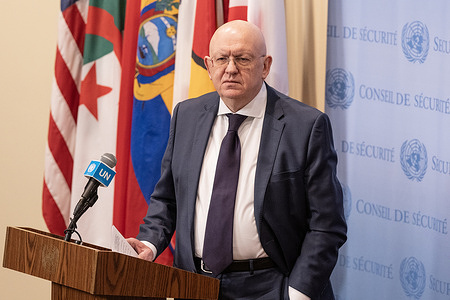 Ambassador Vassily Nebenzia of Russia speaks to the press at the Security Council stakeout at UN Headquarters. He spoke about the continued war against Ukraine and developments of weapons to be deployed in space.