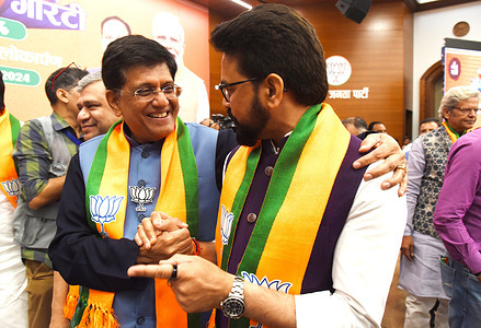 Union Ministers Anurag Thakur (right) with Piyush Goel during the release of Bhartiya Janta Party's election 2024 manifesto in New Delhi, India, on Sunday, April 14, 2024. Photo by Sondeep Shankar