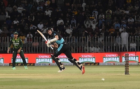 new zealand play ben sears shot during the 2nd Twenty20 cricket match between pakistan vs new zealand at Pindi Cricket Stadium