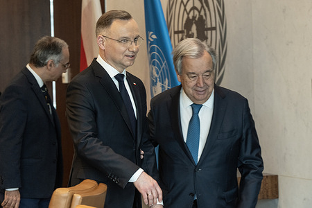 Secretary-General Antonio Guterres meets with President of Poland Andrzej Duda at UN Headquarters.