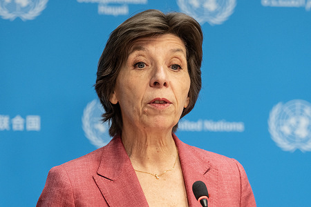 Catherine Colonna, Chair of the Independent Review of United Nations Relief and Works Agency for Palestine Refugees in the Near East (UNRWA) speaks during press briefing at UN Headquarters.